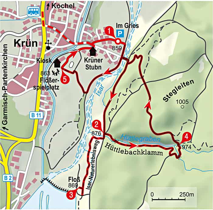 Erlebniswandern Münchner Berge 2; Hüttlebachklamm und Flößerspielplatz Rundweg von Krün