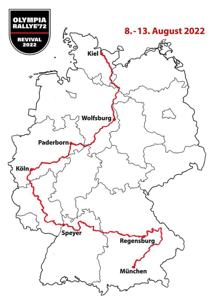 Olympia Rallye'72 Karte 2022 Kiel nach München
